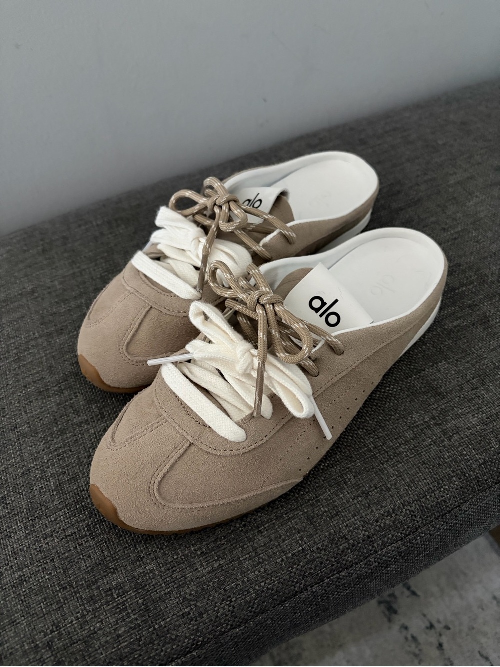 ALO Yoga Taupe Suede Lace-Up Mule Sneakers with White Laces